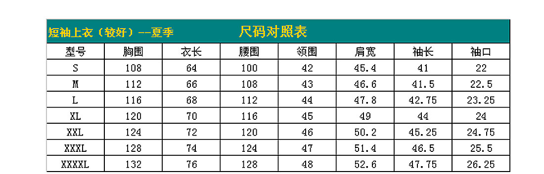 短袖工作服AE581-DX尺寸图